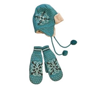 LL Bean Knit Ear Flap Pom Pom Tie Matching Mittens Set Medium/Large